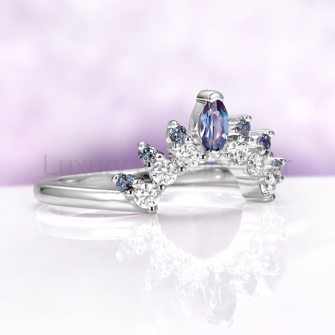 Alexandrite Curved Wedding Band in Sterling Silver - image 2