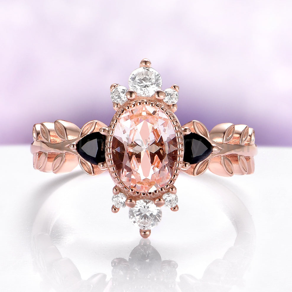 Aurelia Morganite & Black Onyx Leaf Engagement Ring in 14K Solid Rose Gold