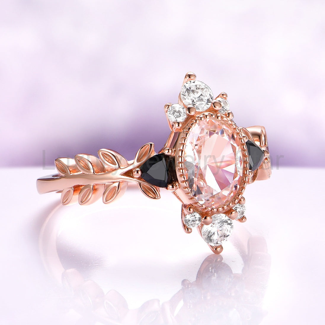 Aurelia Morganite & Black Onyx Leaf Engagement Ring in 14K Solid Rose Gold - image 2