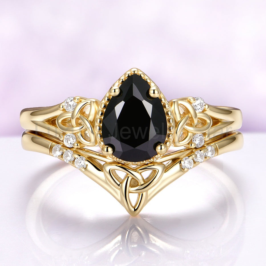 Celtic Knot Black Onyx Ring Set in 14K Yellow Gold Vermeil