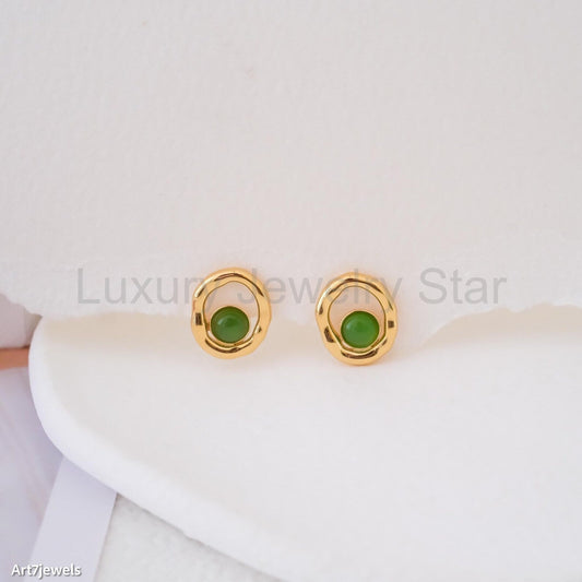 Gold Jade Stud Earrings - image 2