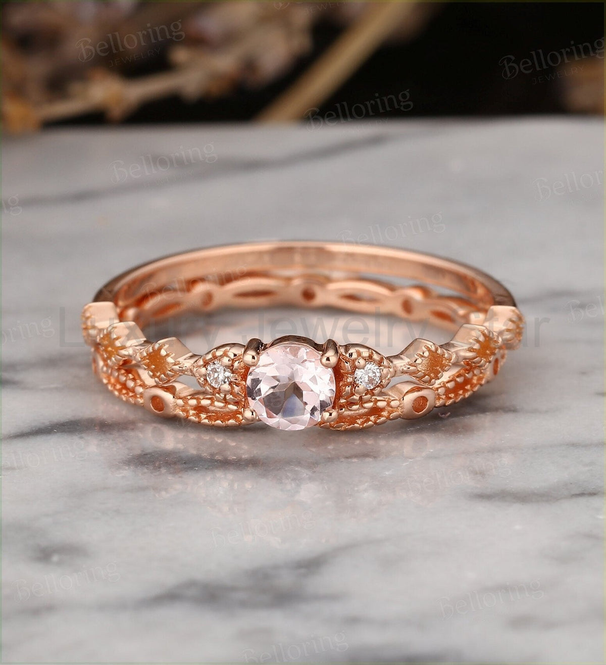 Art deco morganite engagement ring Vintage diamond rose gold Unique wedding Bridal Jewelry - image 2
