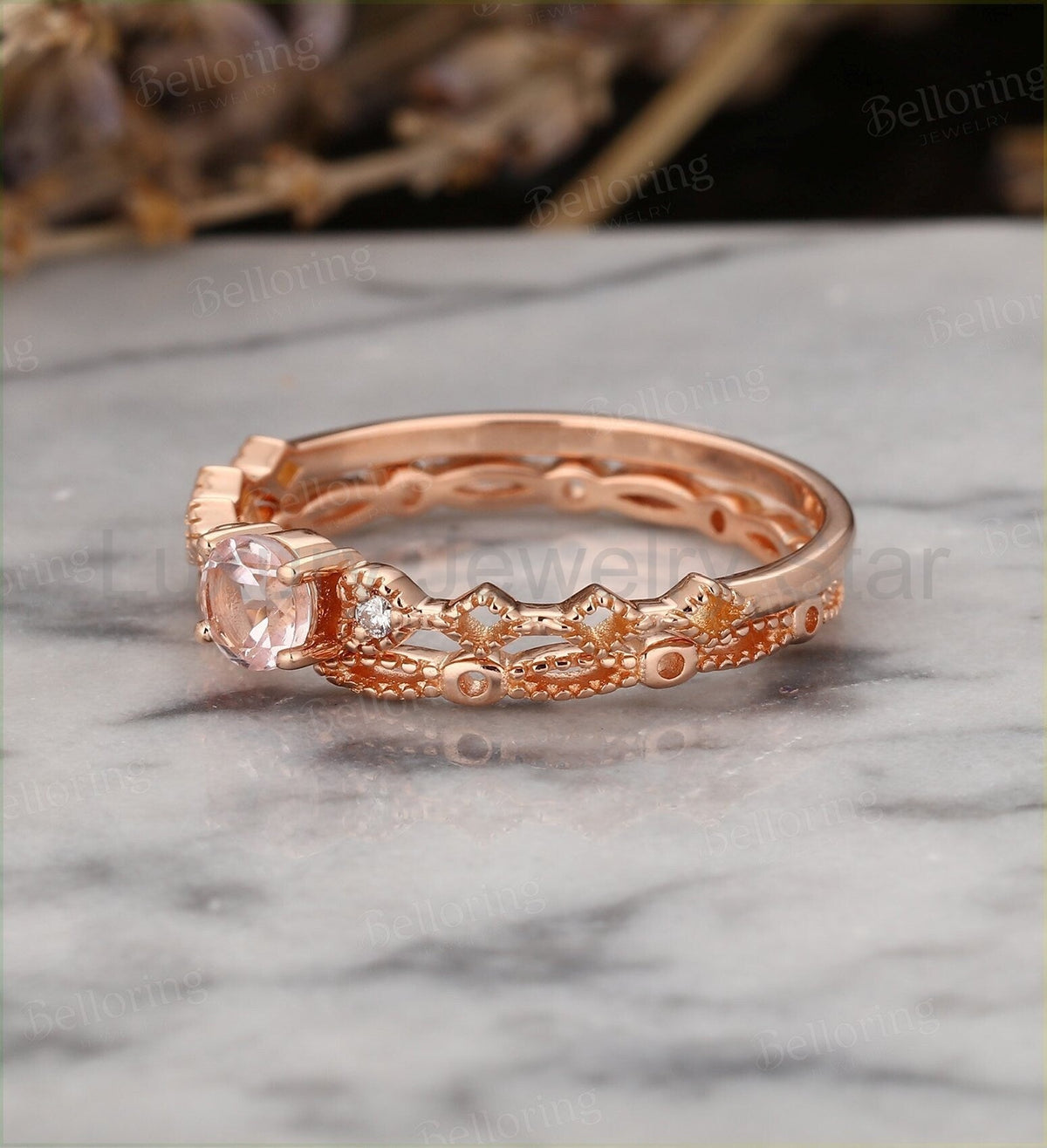 Art deco morganite engagement ring Vintage diamond rose gold Unique wedding Bridal Jewelry - image 3