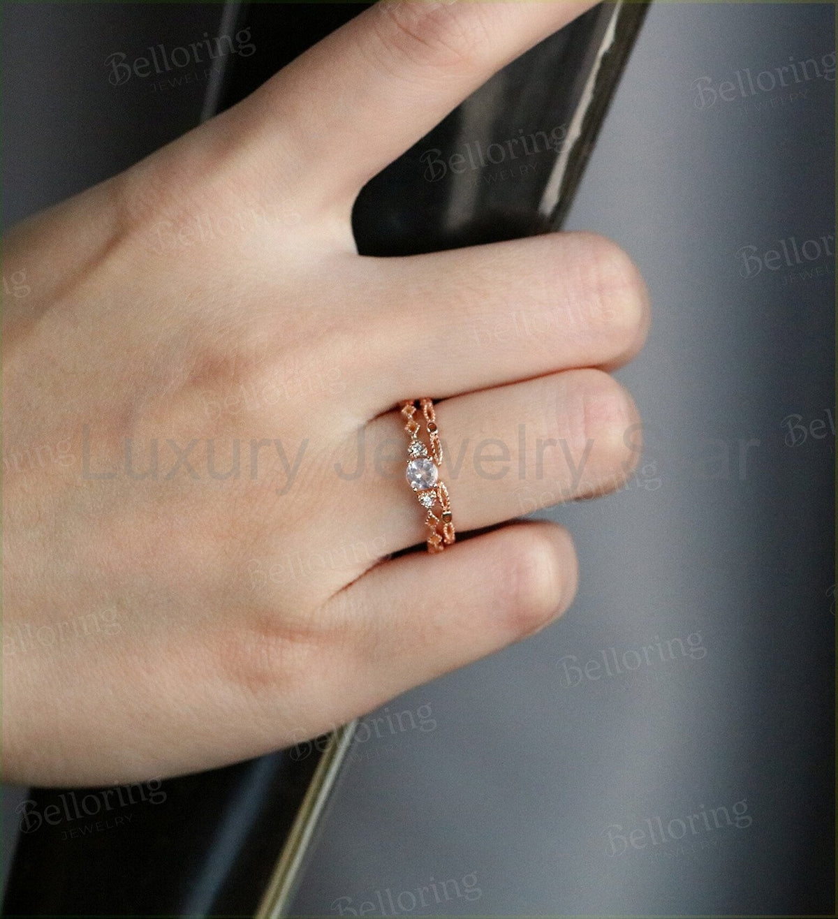 Art deco morganite engagement ring Vintage diamond rose gold Unique wedding Bridal Jewelry - image 4
