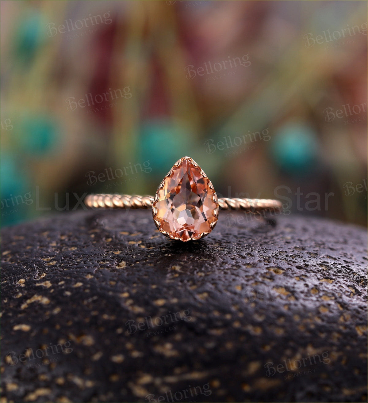 Art deco Morganite engagement ring Rose gold pear cut vintage rings for antique Jewelry Anniversary