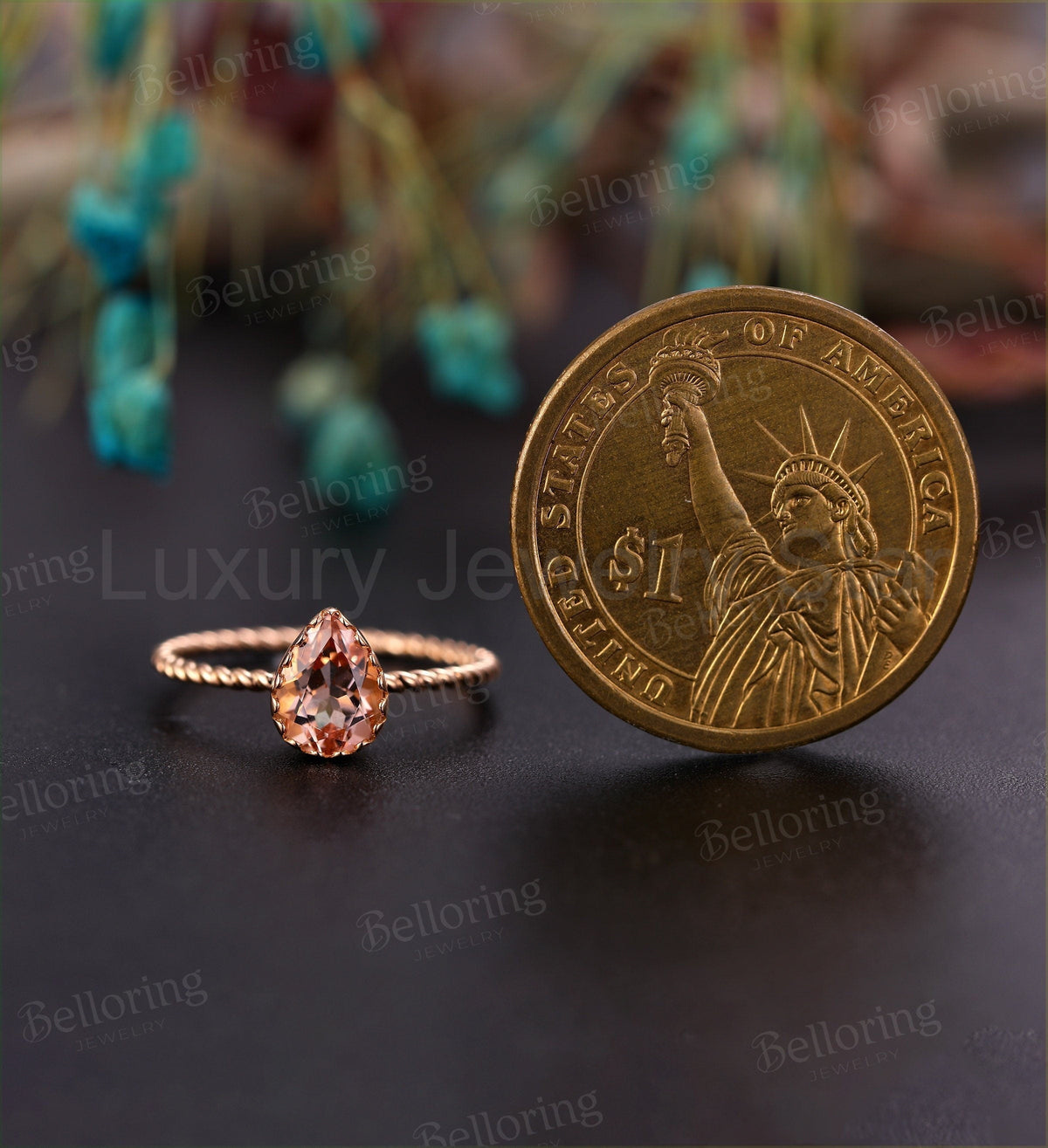 Art deco Morganite engagement ring Rose gold pear cut vintage rings for antique Jewelry - image 2