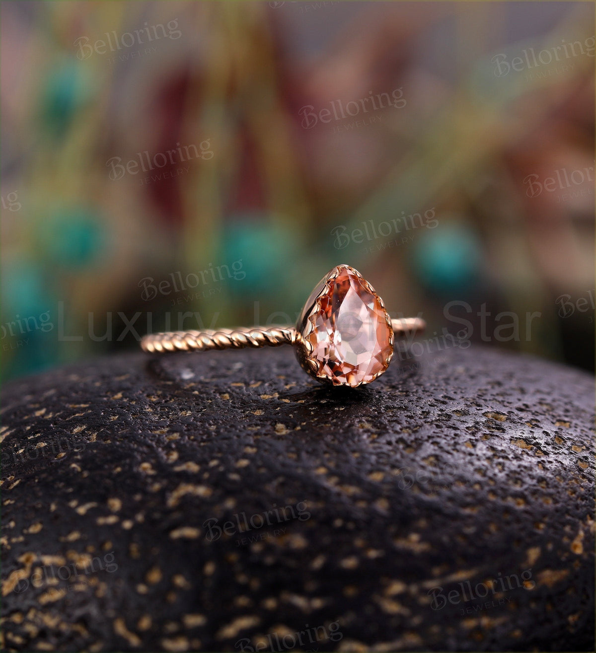 Art deco Morganite engagement ring Rose gold pear cut vintage rings for antique Jewelry - image 3