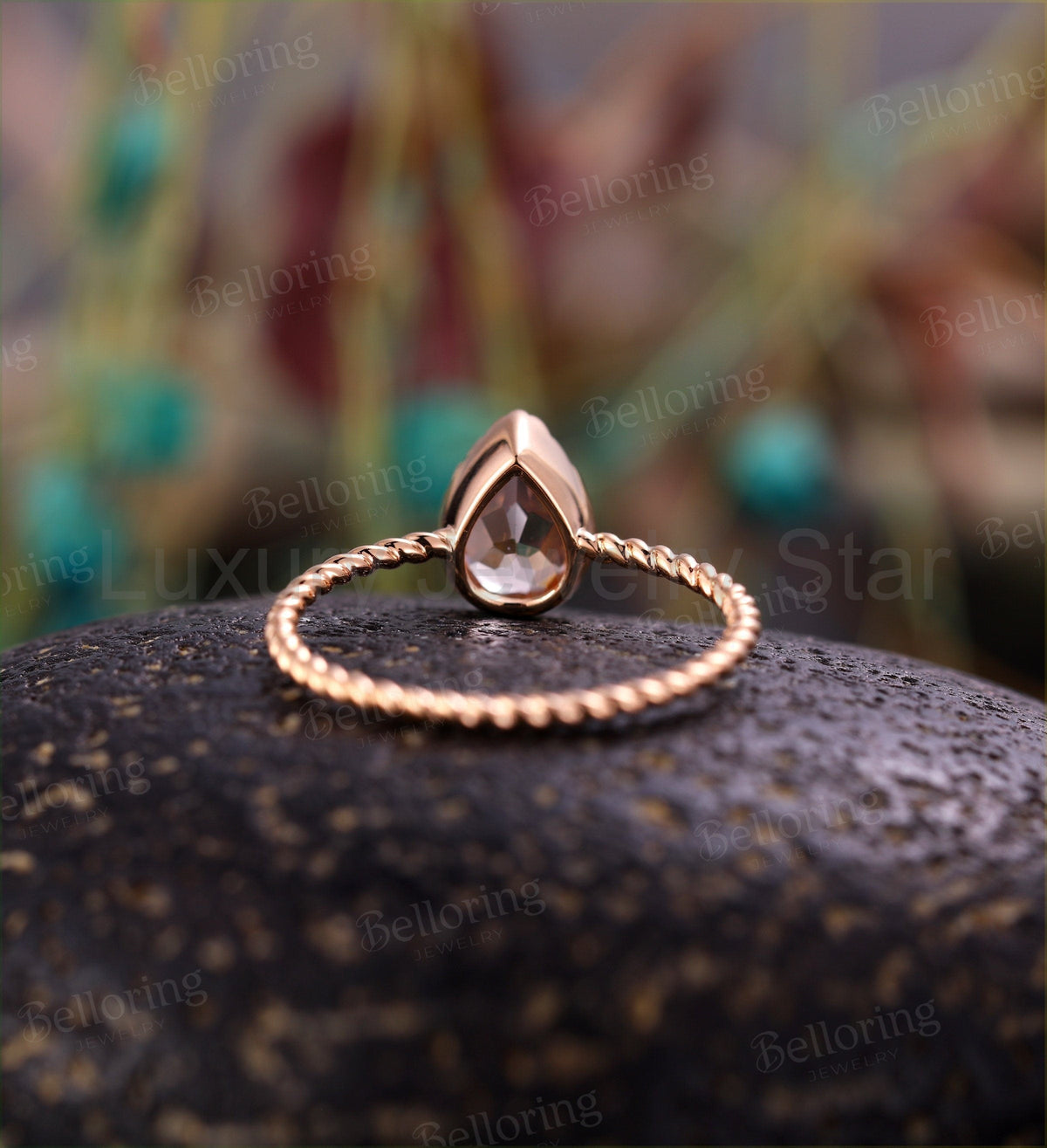 Art deco Morganite engagement ring Rose gold pear cut vintage rings for antique Jewelry - image 4