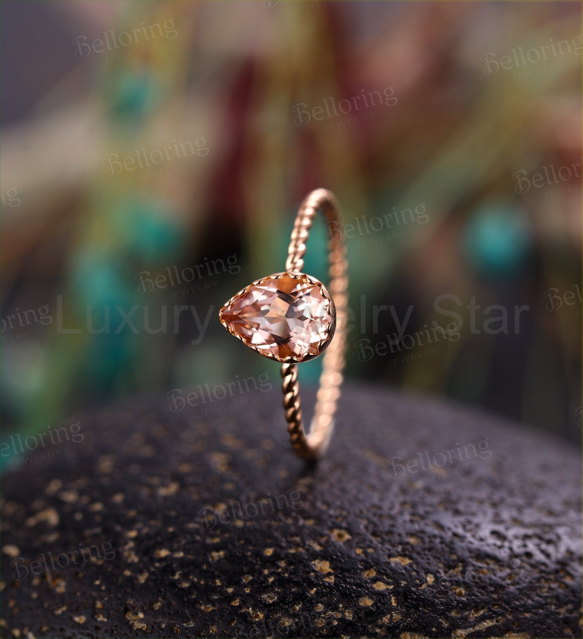 Art deco Morganite engagement ring Rose gold pear cut vintage rings for antique Jewelry - image 5