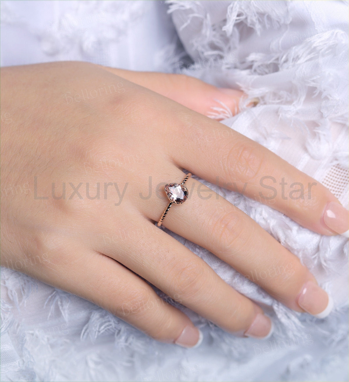 Art deco Morganite engagement ring Rose gold pear cut vintage rings for antique Jewelry - image 7