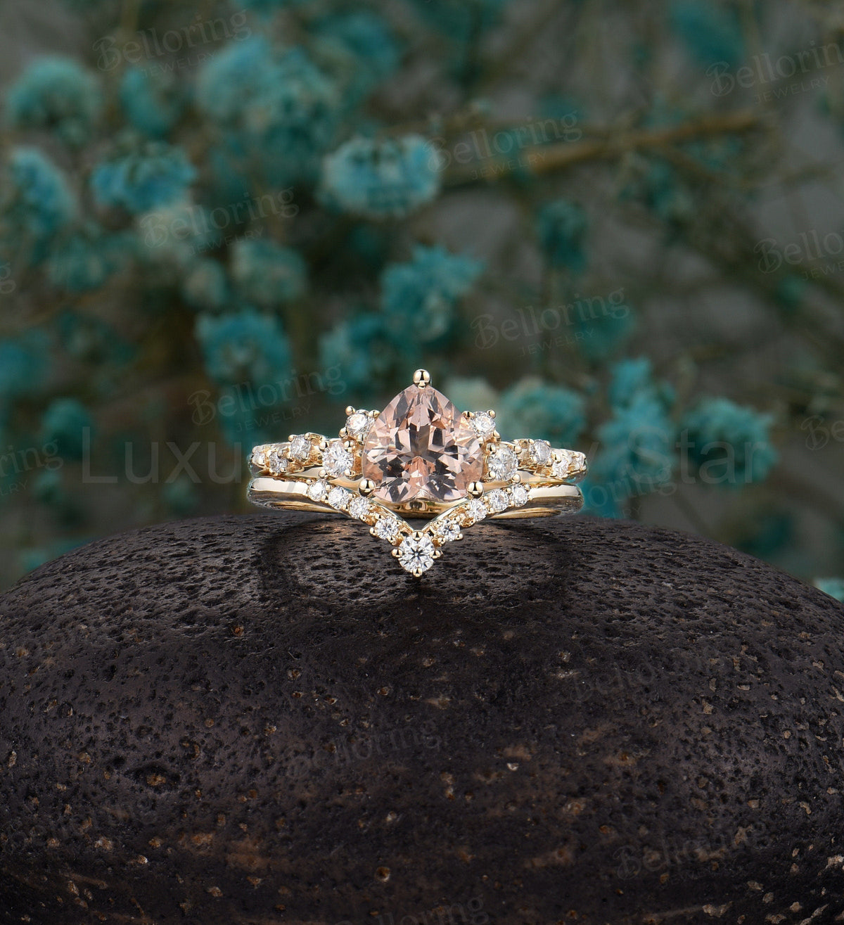 Heart-shaped Morganite Engagement vintage unique ring, Art deco Wedding ring antique yellow gold