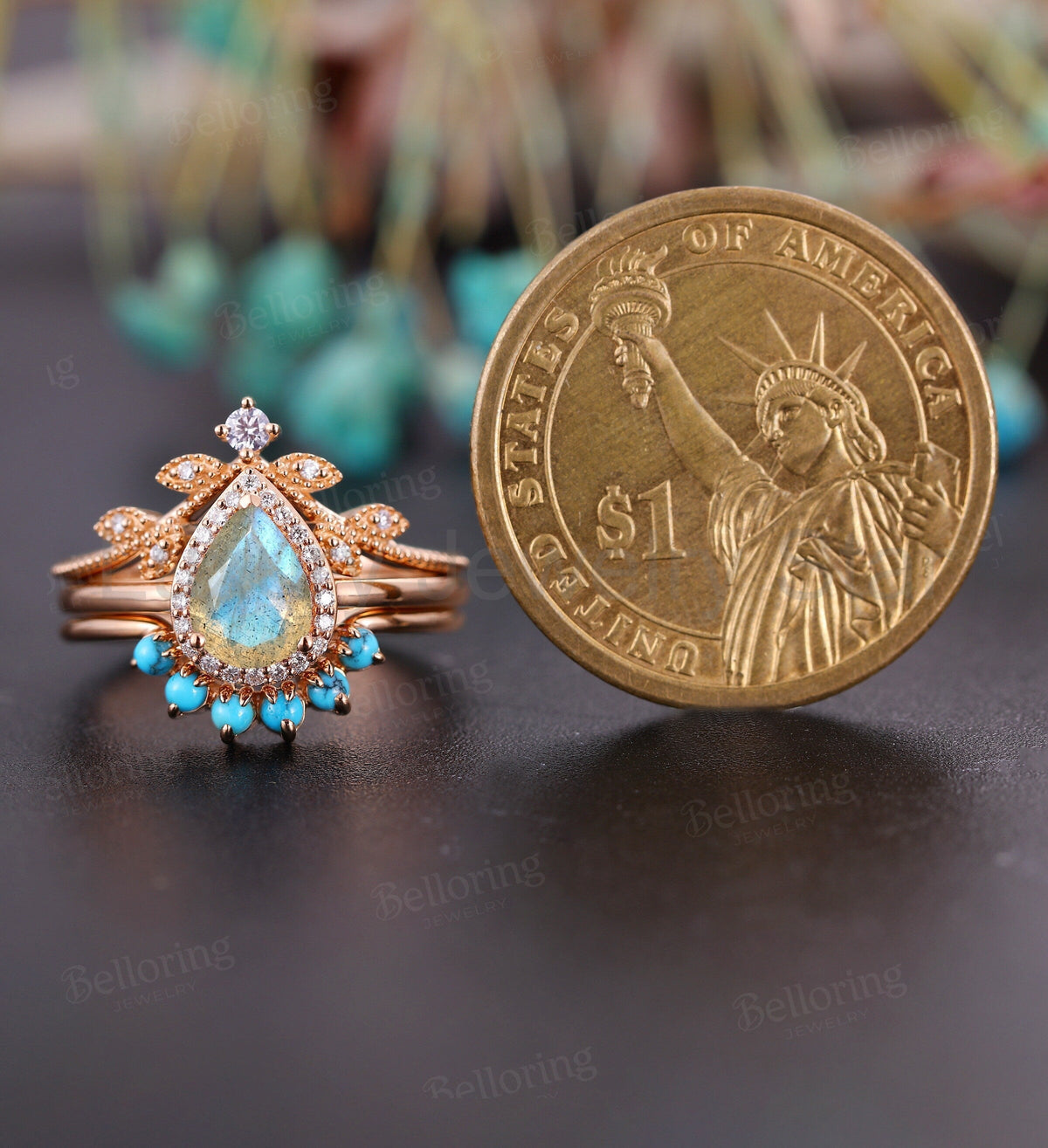 Labradorite engagement ring set art deco Rose gold ring set pear cut moissanite Wedding - image 2