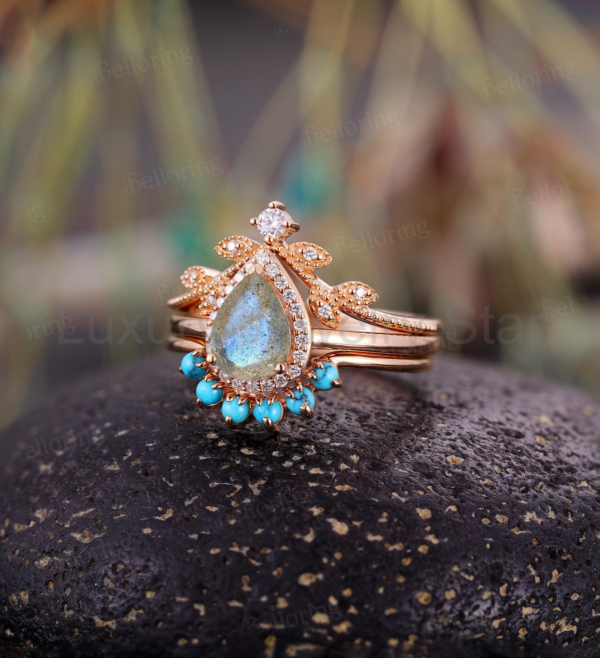 Labradorite engagement ring set art deco Rose gold ring set pear cut moissanite Wedding - image 3