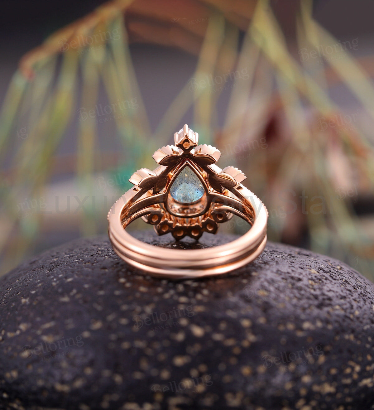 Labradorite engagement ring set art deco Rose gold ring set pear cut moissanite Wedding - image 4