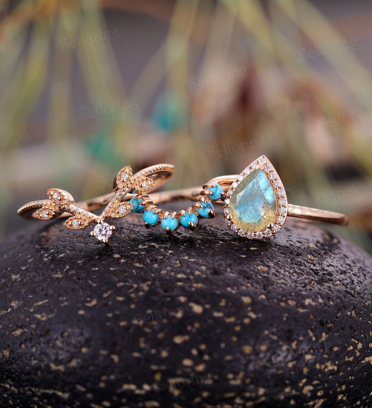 Labradorite engagement ring set art deco Rose gold ring set pear cut moissanite Wedding - image 5