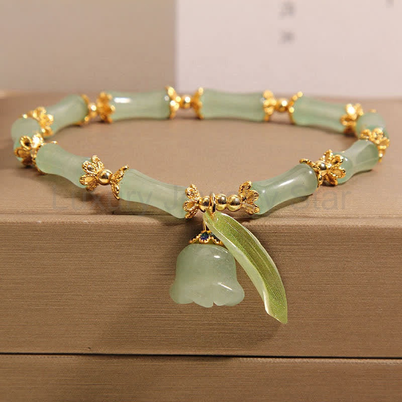 Buddha Stones Green Aventurine Bamboo Luck Growth Lily of the Valley Charm Bracelet