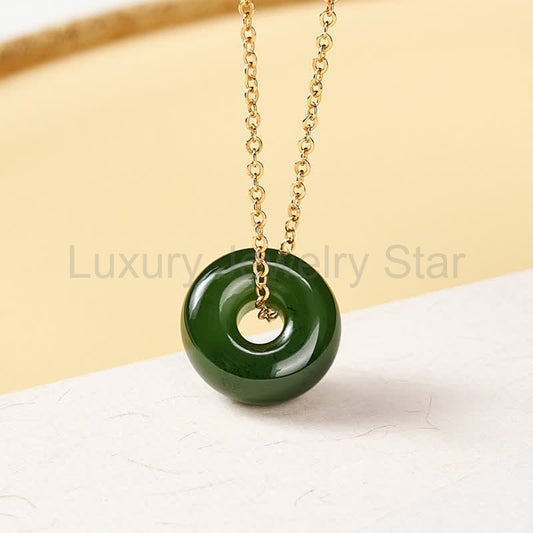 Buddha Stones Natural Cyan Jade Peace Buckle Abundance Pendant Copper 925 Sterling Silver Chain