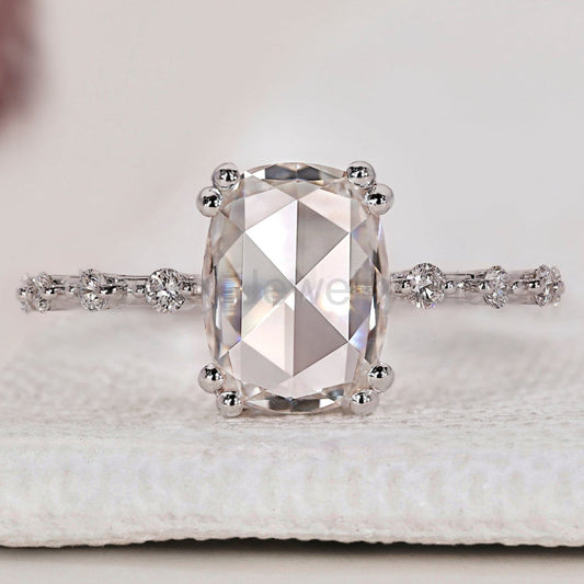 Cushion Rose Cut Diamond Engagement Ring with Distance Pave