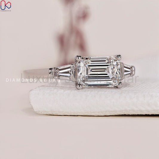 East West Emerald Cut Diamond Engagement Ring - image 2