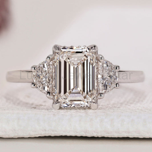 Emerald Cut 3 diamond engagement ring with Half Moon Sides