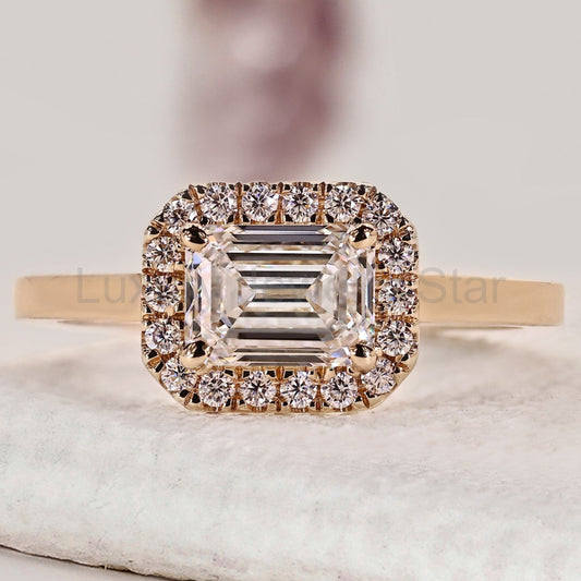 Emerald Diamond Engagement Ring With Halo Setting