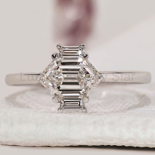 Hexagon Cut East West Diamond Ring In White Gold