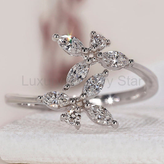 Marquise and Round Diamond Flower Engagement Ring