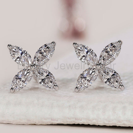 Marquise Diamond Flower Stud Gold Earrings