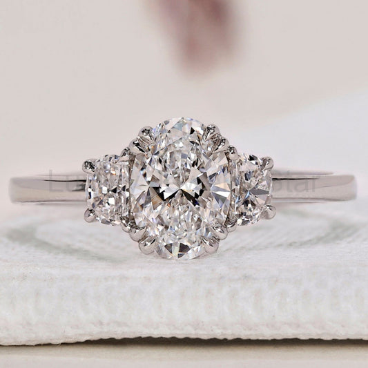 Oval and Half Moon 3 Stone Engagement Ring