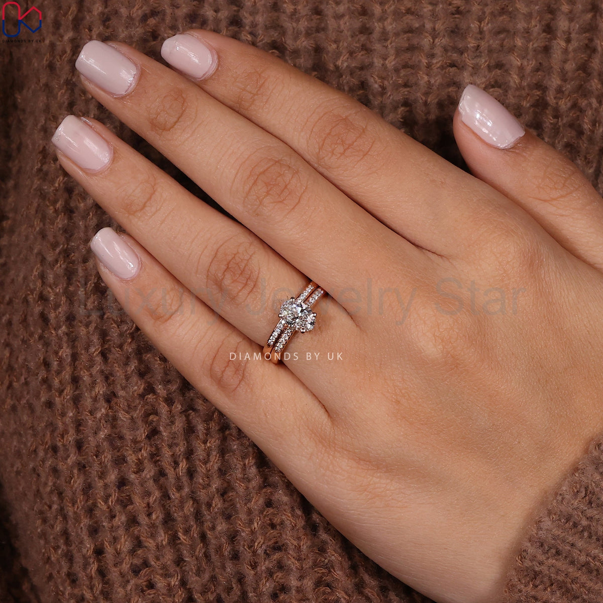 Rose Gold Oval Engagement Ring With Wedding Band - image 2