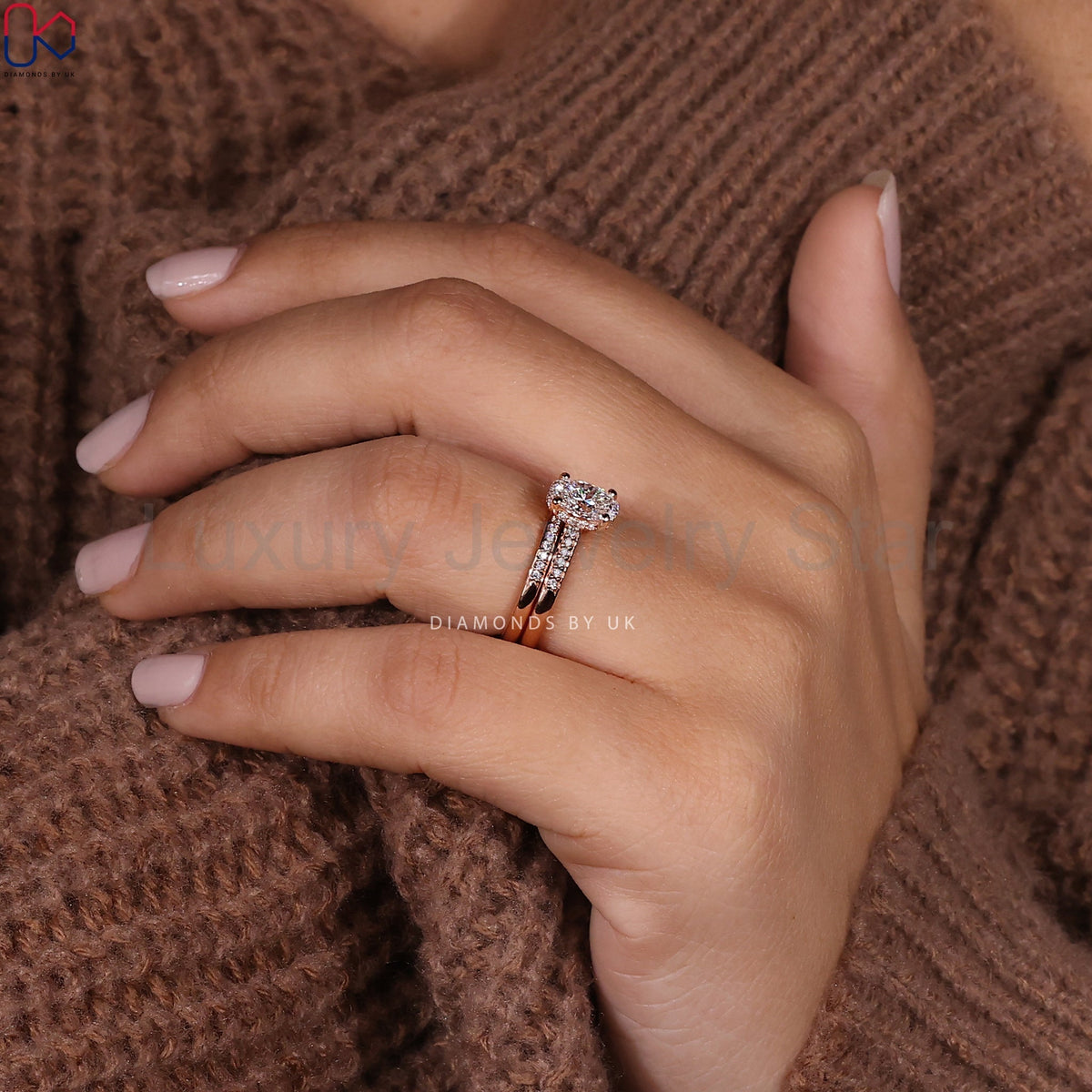 Rose Gold Oval Engagement Ring With Wedding Band - image 4