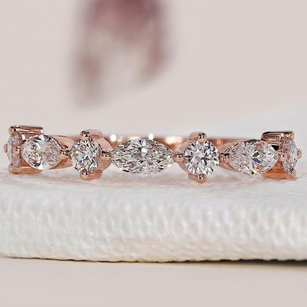 Rose Gold Round And Marquise Wedding Band