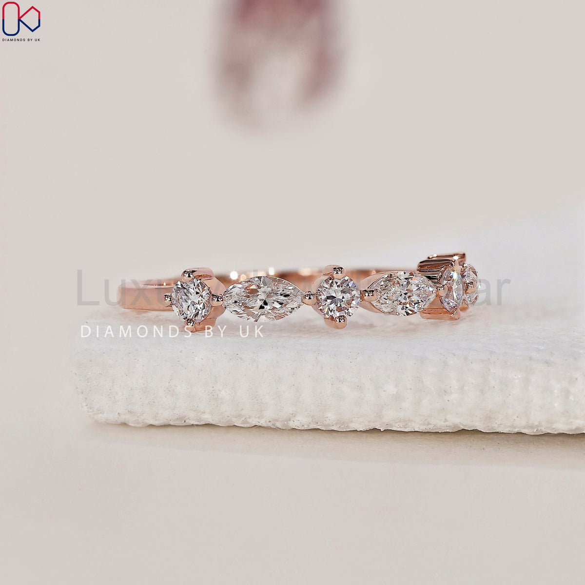Rose Gold Round And Marquise Wedding Band - image 3