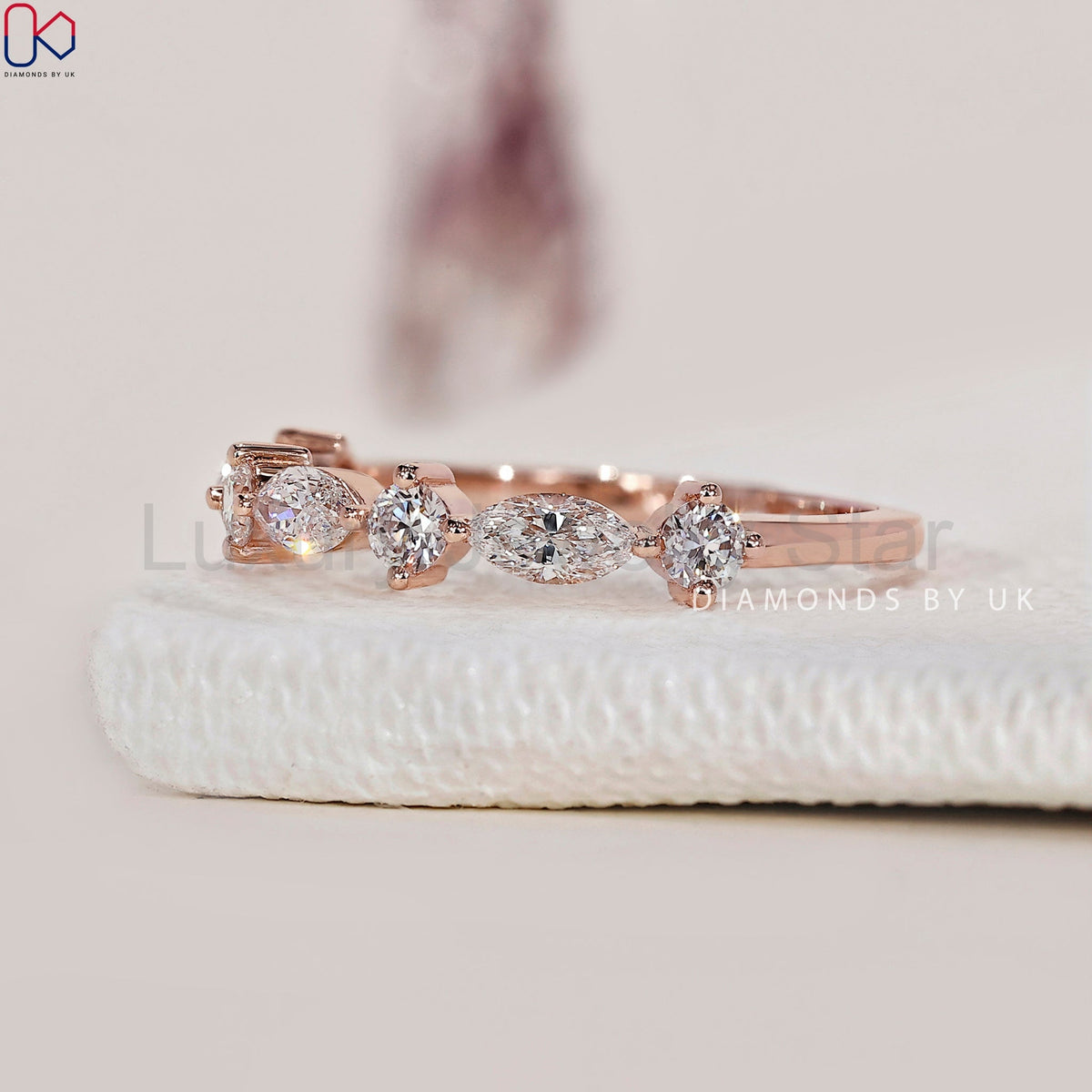 Rose Gold Round And Marquise Wedding Band - image 5