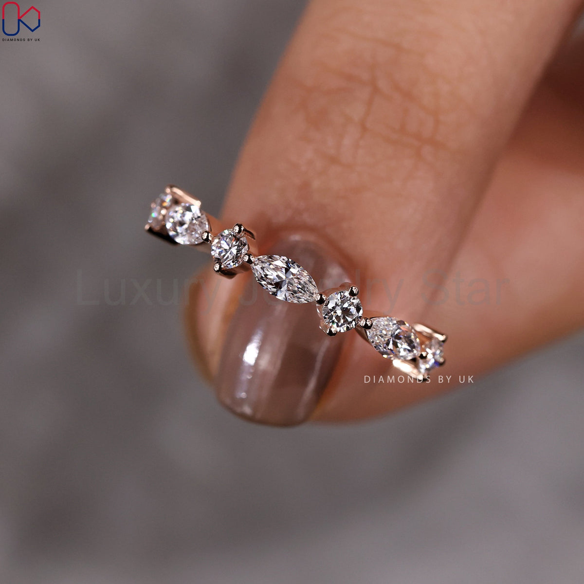 Rose Gold Round And Marquise Wedding Band - image 6