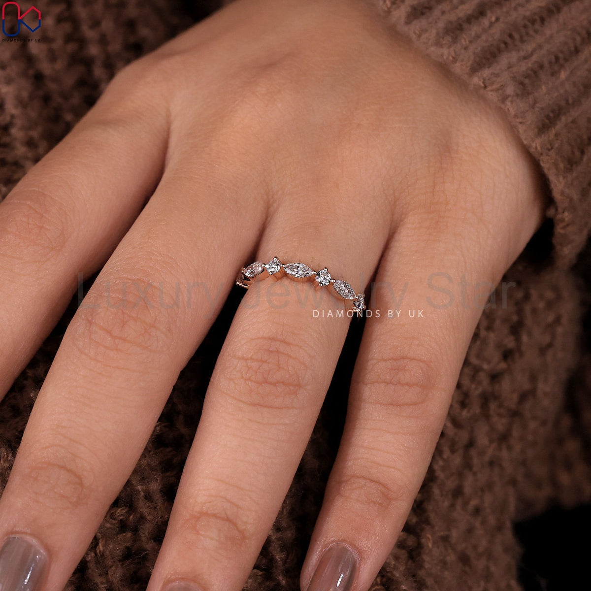 Rose Gold Round And Marquise Wedding Band - image 8