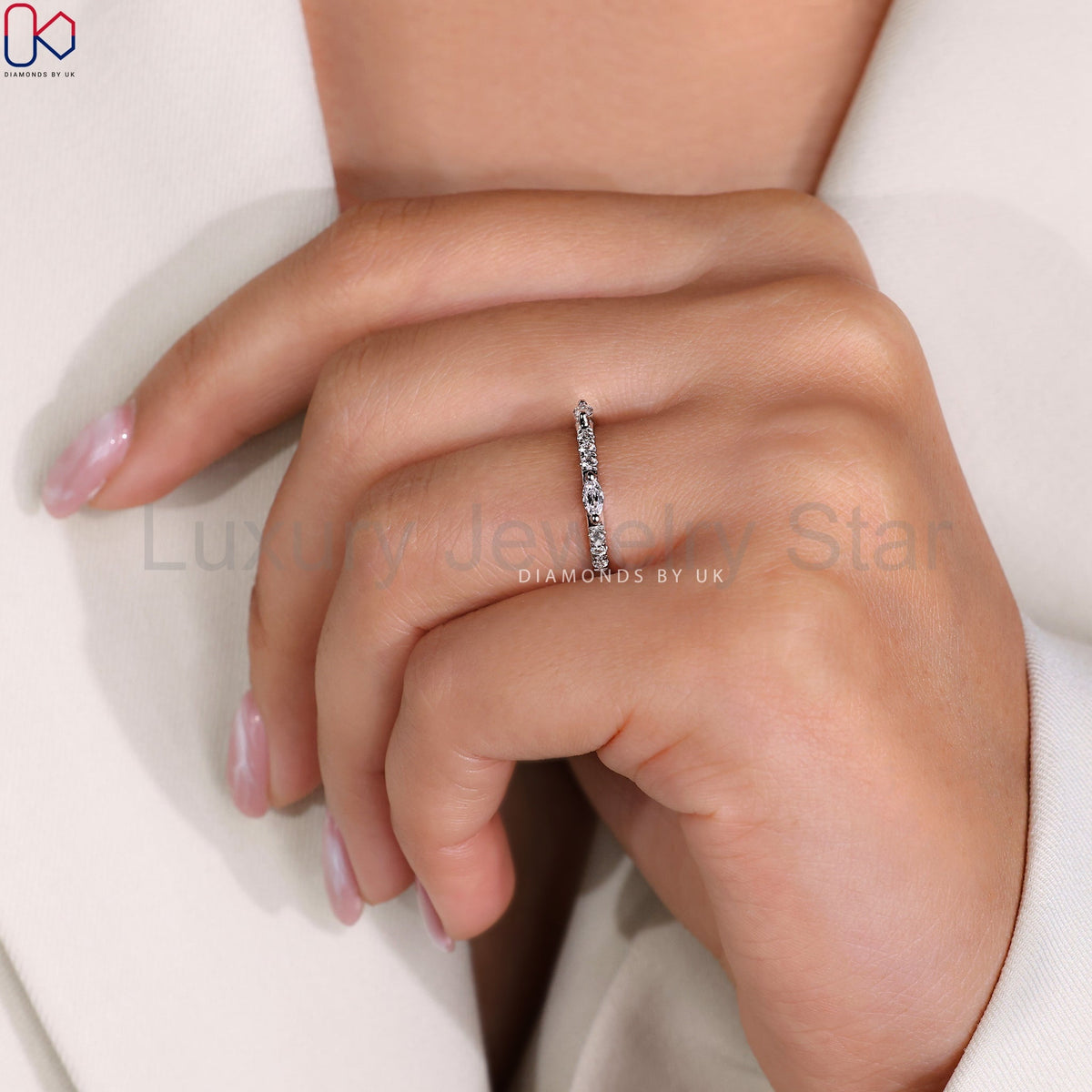Round And Marquise Wedding Band In White Gold - image 4