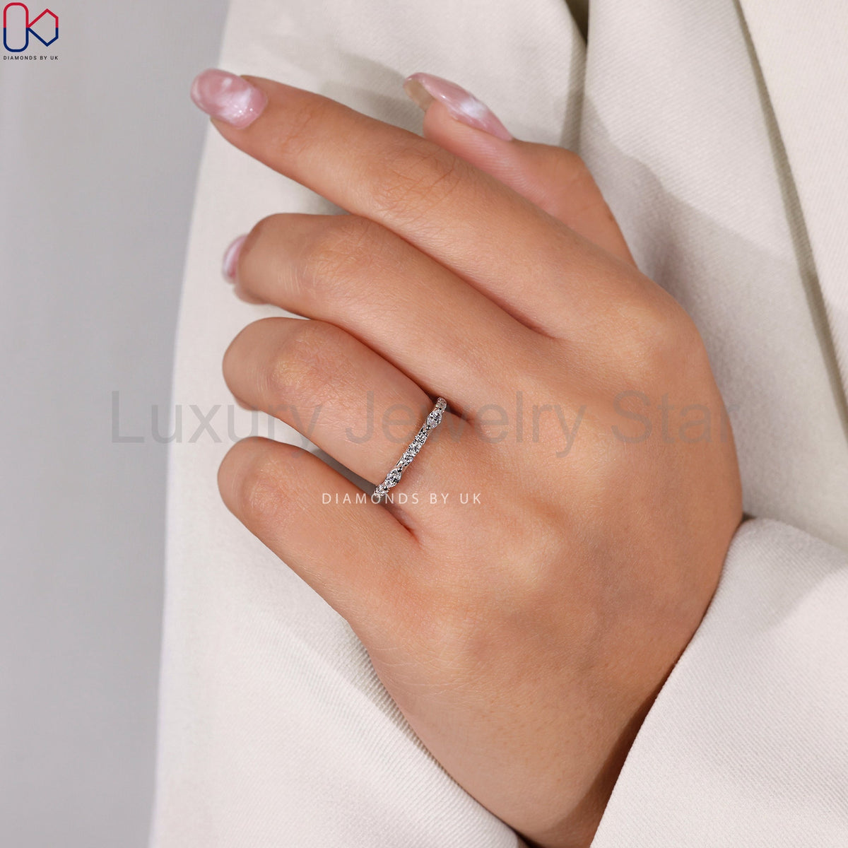 Round And Marquise Wedding Band In White Gold - image 8