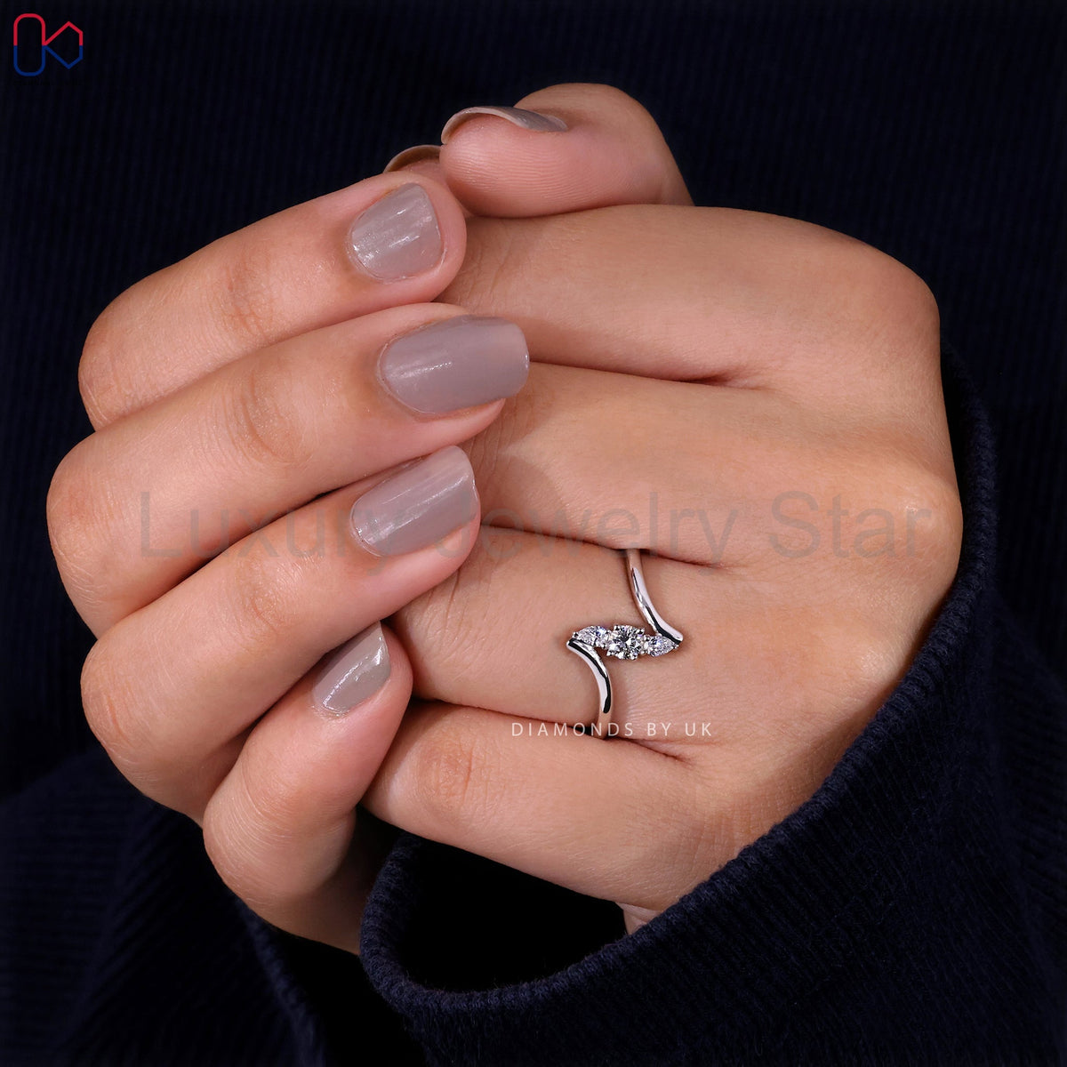 Round and Pear 3 Stone Diamond Ring - image 10