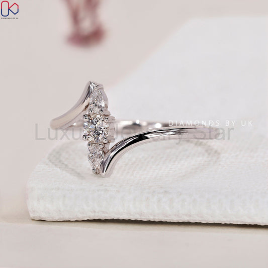 Round and Pear 3 Stone Diamond Ring - image 2