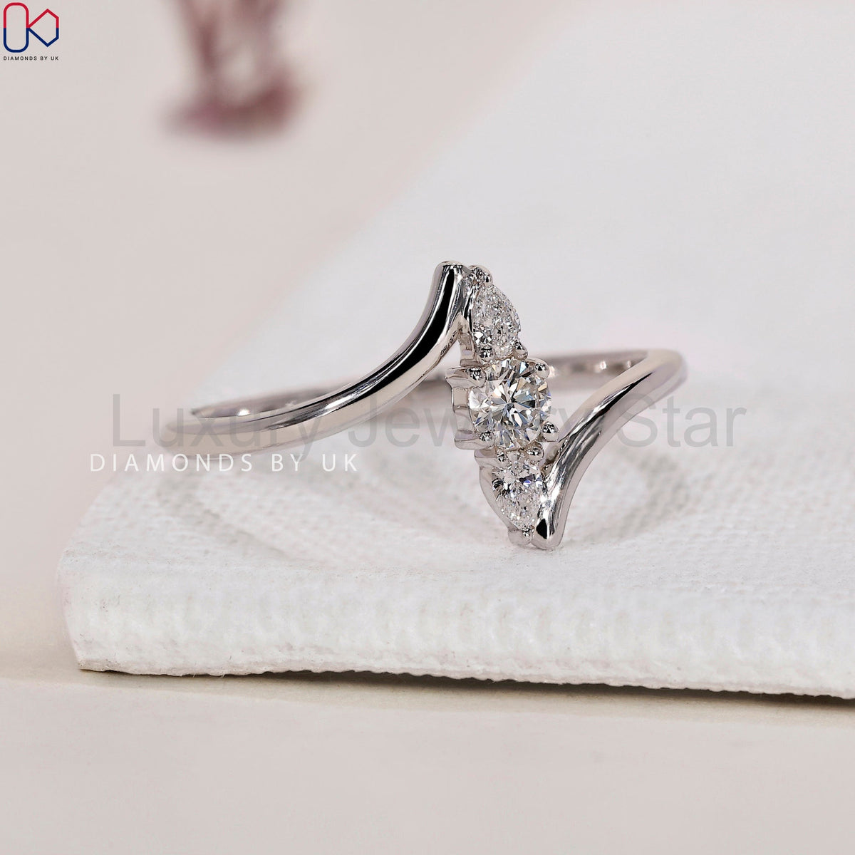 Round and Pear 3 Stone Diamond Ring - image 3