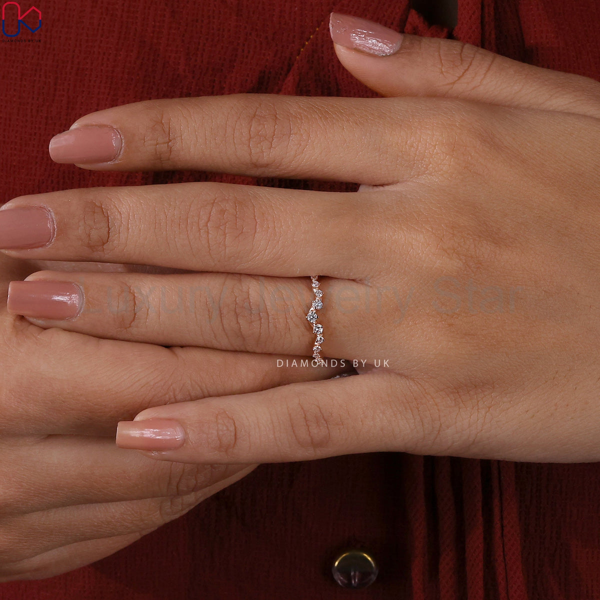 Round Cut Curved Rose Gold Wedding Band - image 8