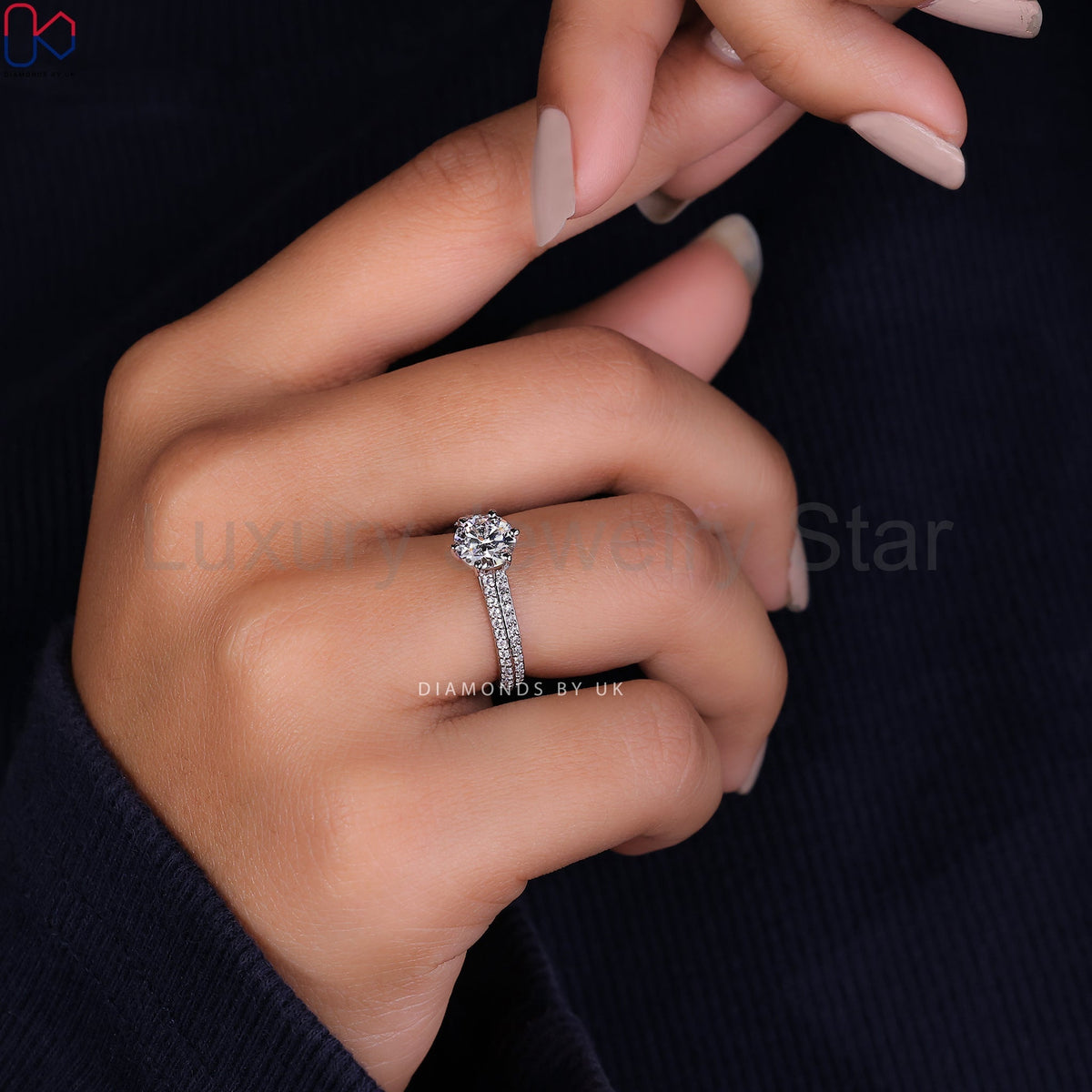 Round Cut Diamond Ring - Two Row Pave - image 8