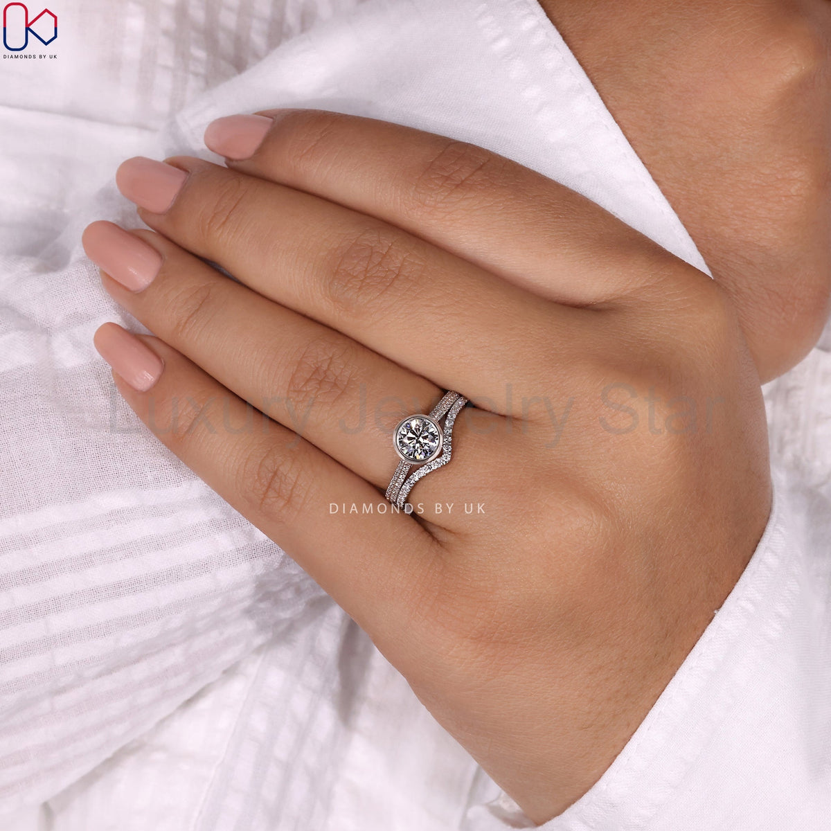 Round Cut Diamond Ring And Chevron Wedding Band - image 10
