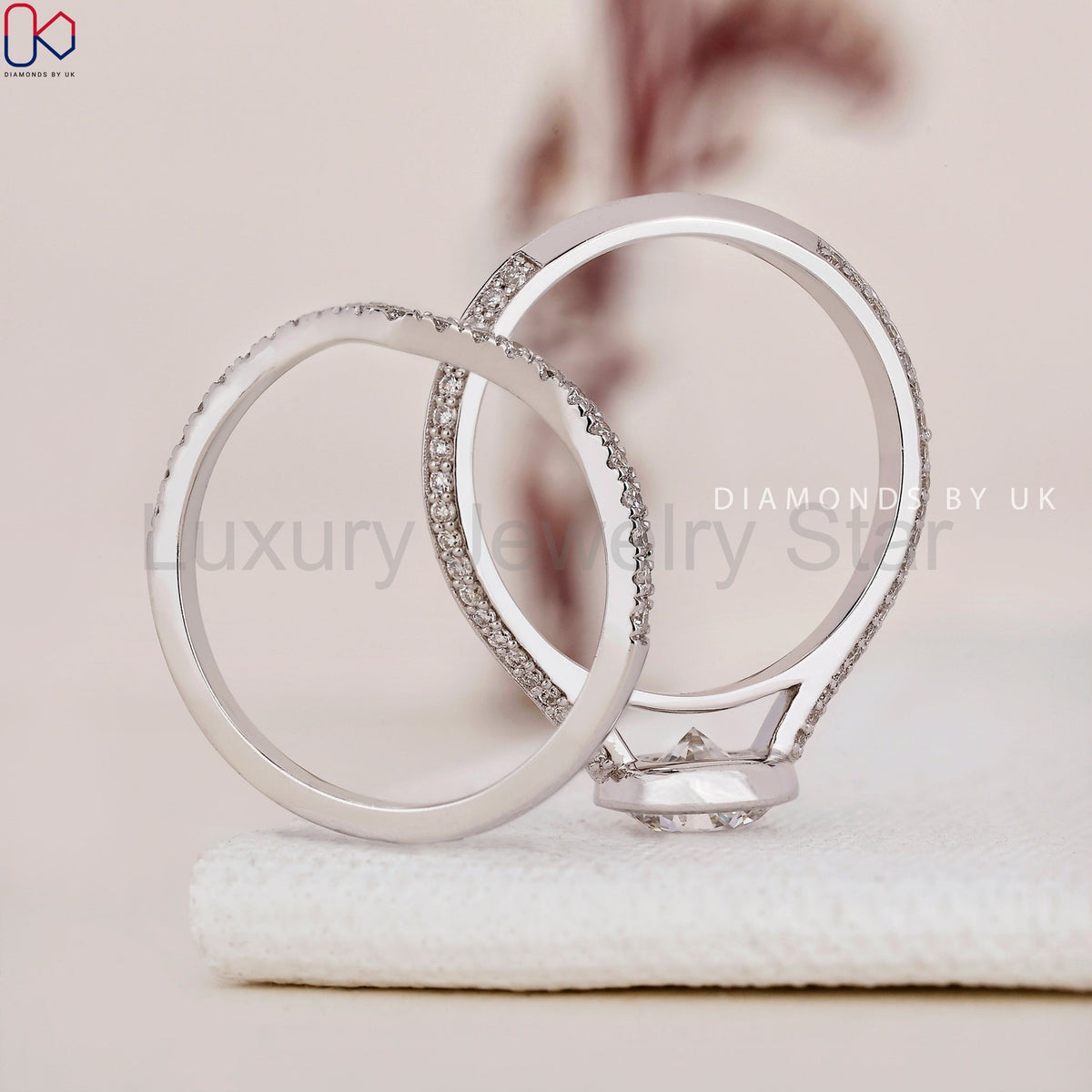 Round Cut Diamond Ring And Chevron Wedding Band - image 9