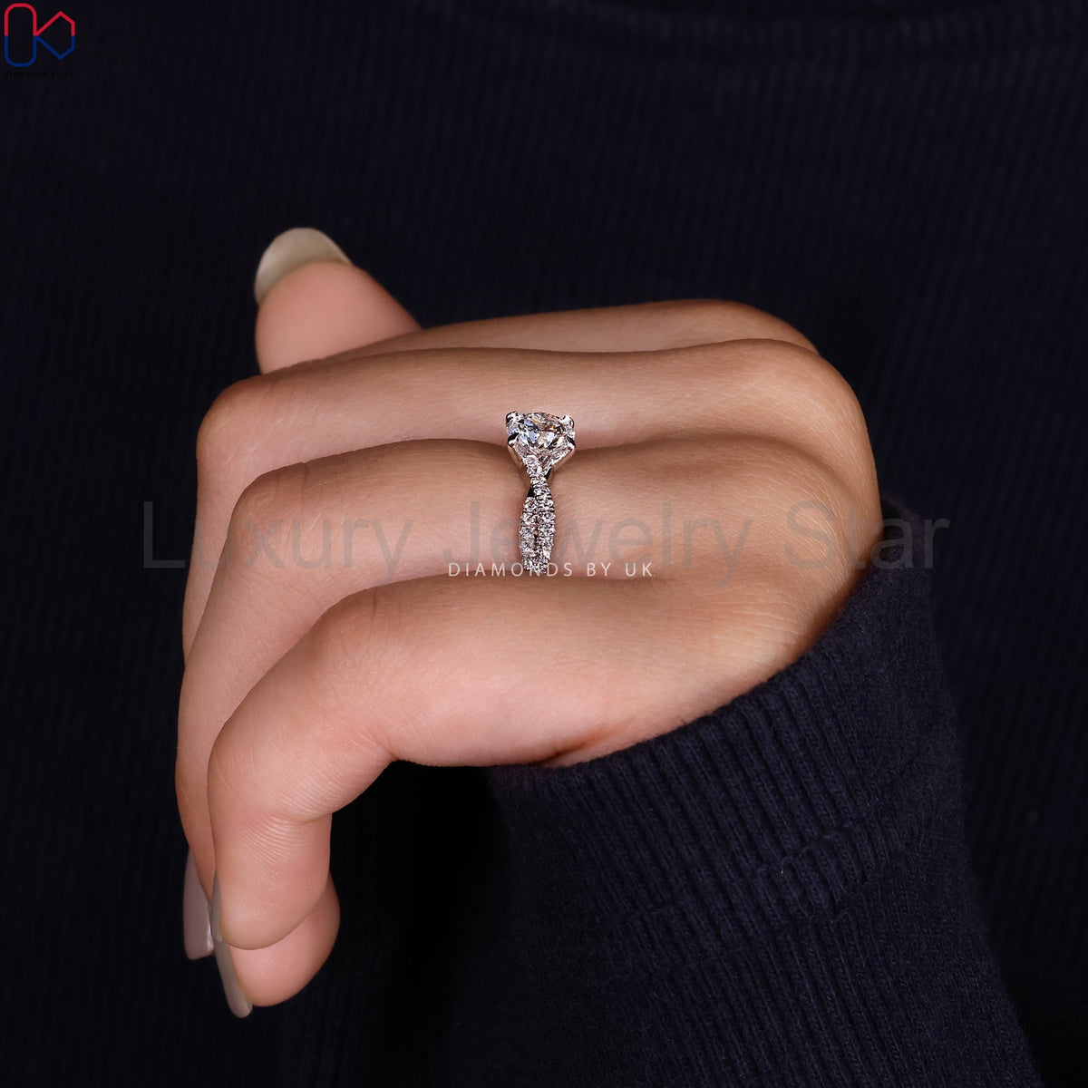 Round Cut Diamond Ring With Twisted Pave Set - image 10