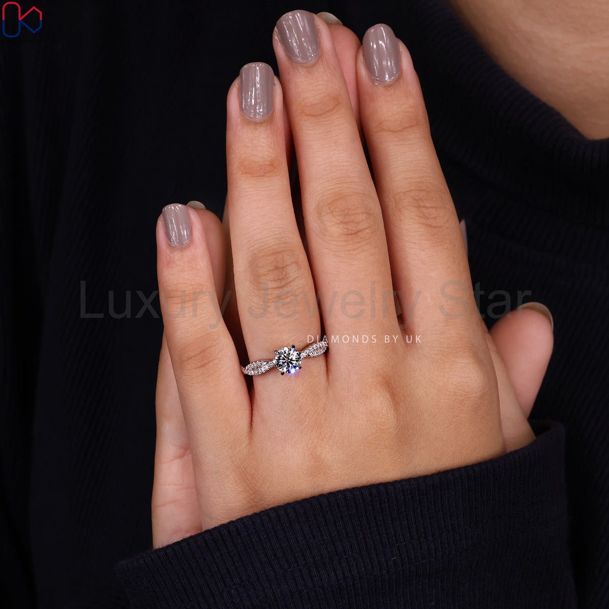 Round Cut Diamond Ring With Twisted Pave Set - image 11