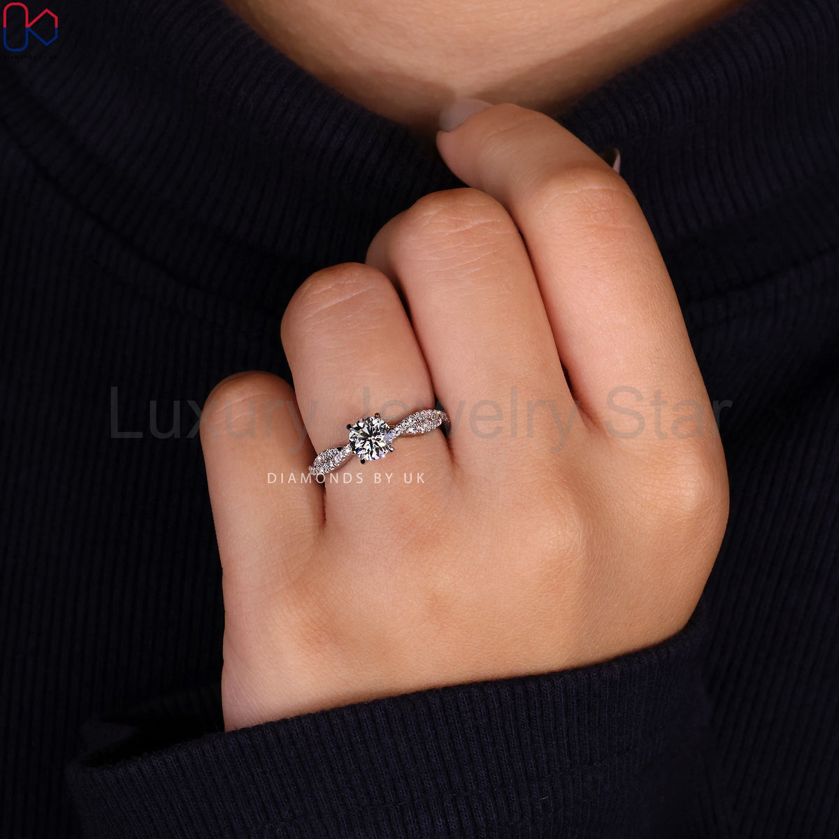 Round Cut Diamond Ring With Twisted Pave Set - image 8