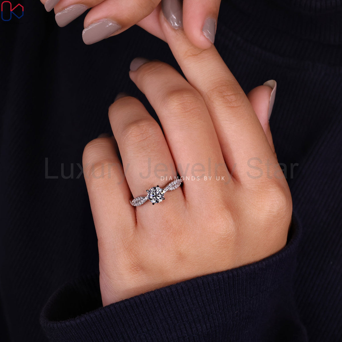 Round Cut Diamond Ring With Twisted Pave Set - image 9