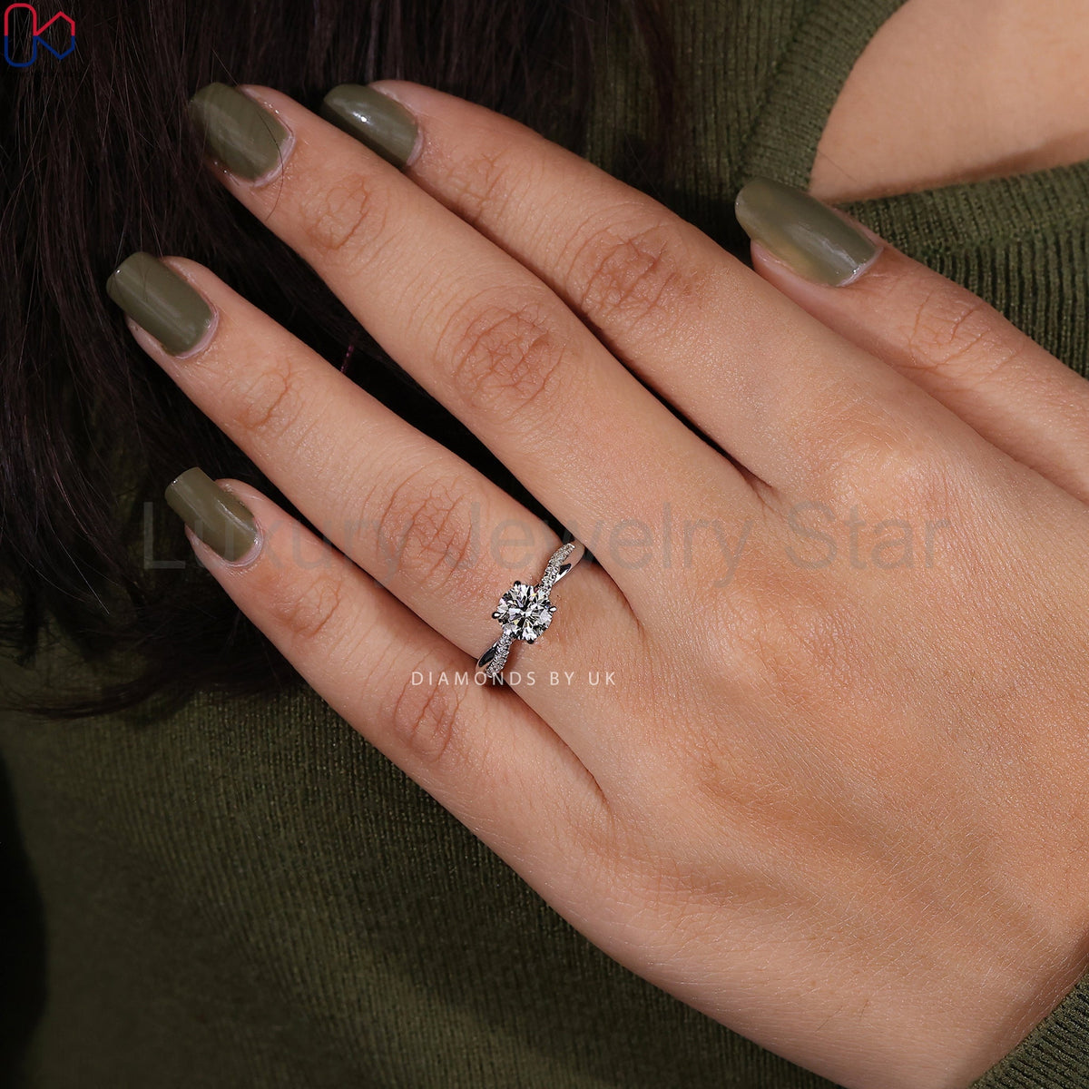 Round Cut Diamond Ring With Twisted Pave Setting - image 10